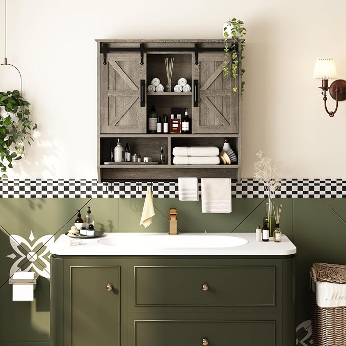 RUSTOWN Farmhouse Bathroom Wall Storage Cabinet with Sliding Barn Doors | 3-Tier, Rustic Wood Wall Mounted Cabinets, Vintage Medicine Cabinet, Adjustable Shelves, Over The Toilet Storage Cabinet