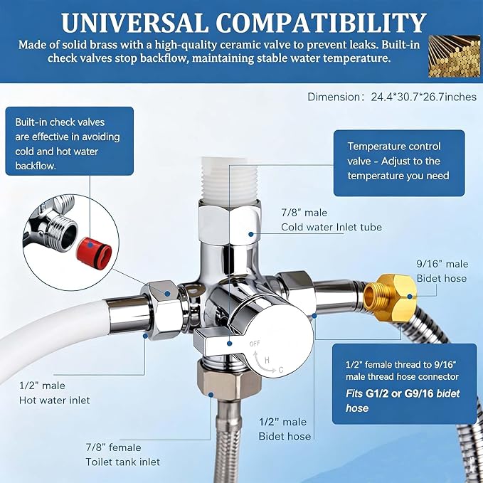 SonTiy Hot and Cold Bidet Mixing Valve Kit, Upgrade Brass 4 Way Warm Bidet T-adapter valve for Handheld Toilet Sprayer Seat Bidet Attachment with Two Tee Connector and 79inch Shower Hose