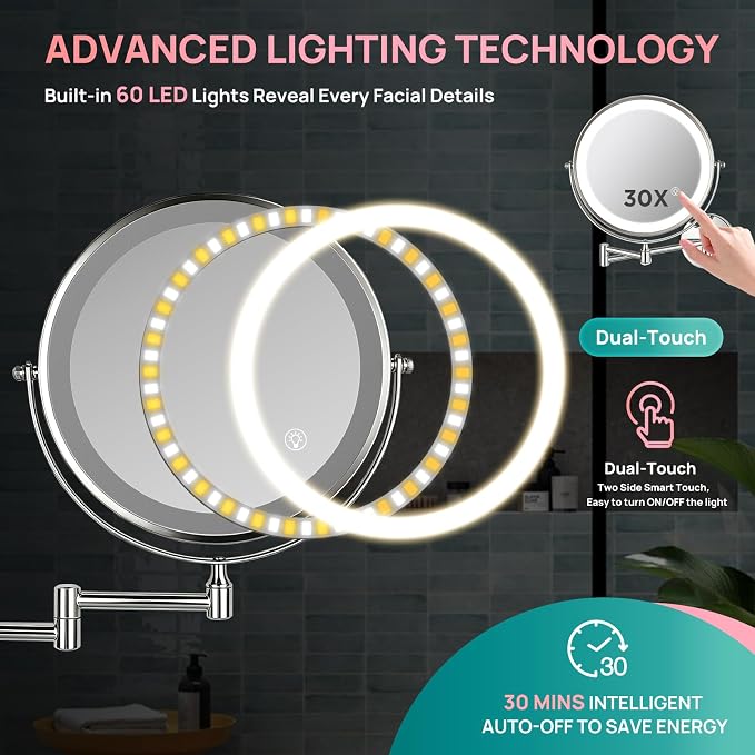 Wall Mounted Lighted Makeup Mirror: Double Sided 1X/30X Magnifying Mirror | 3000mAh Rechargeable Makeup Mirror with Light for Bathroom, 3 Color Lighting, Touch Screen Dimming, Extended Arm 360 Rotation