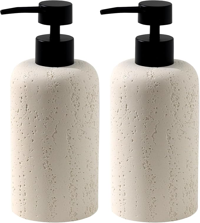2 PCS Hand Soap Dispenser Set, 13.53 OZ, Cream, Faux Travertine | Luxurious,Dish Soap,Lotion,Shampoo and Conditioner Dispenser,Refillable,Rustproof Pump,For Bathroom Countertop Kitchen