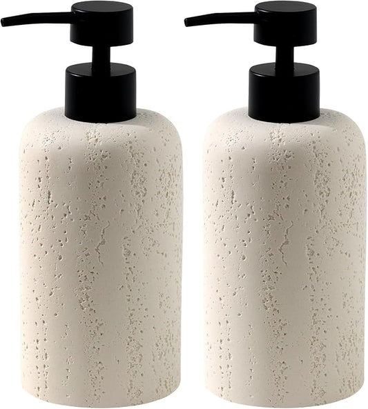 2 PCS Hand Soap Dispenser Set, 13.53 OZ, Cream, Faux Travertine | Luxurious,Dish Soap,Lotion,Shampoo and Conditioner Dispenser,Refillable,Rustproof Pump,For Bathroom Countertop Kitchen