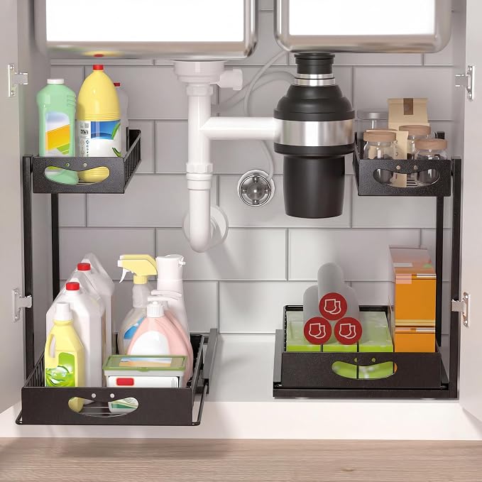 Under Sink Organizer with Pull-Out Drawers,Kitchen Sink Organizer,2 Tier Bathroom Organizers And Storage,Bathroom Accessories Set,Black 2 Pack