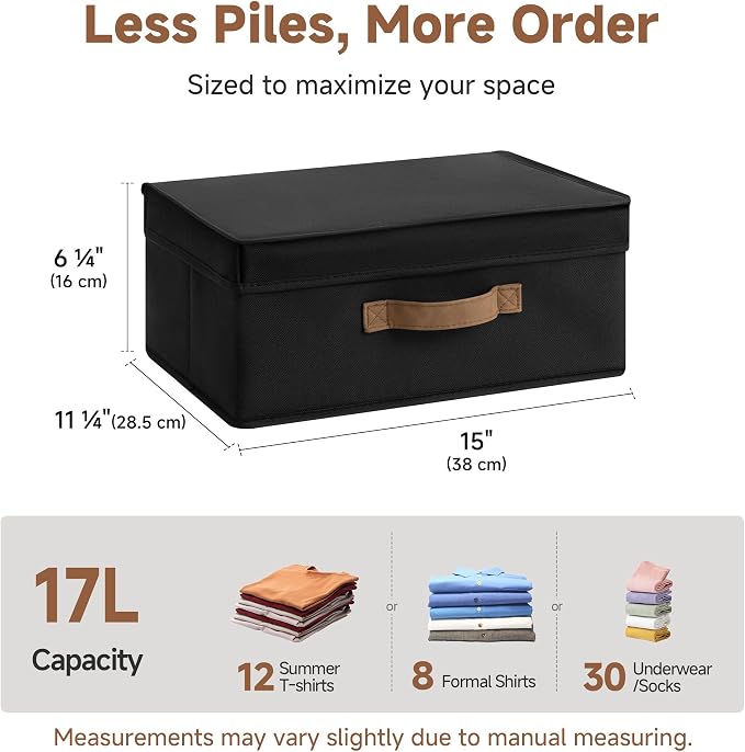 StorageWorks Storage Bins with Lid, Decorative Fabric Storage Bins with Handles, Stackable Closet Organizers for Shelves and Bedroom, Small, Black, 2-Pack