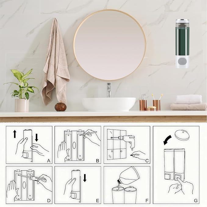 10oz/300ml Single Manual Wall Mounted Soap Dispenser, Silver & White | Bathroom Shampoo and Conditioner Dispenser, Clear Plastic Refillable Liquid Lotion Pump Dispenser and Organizer