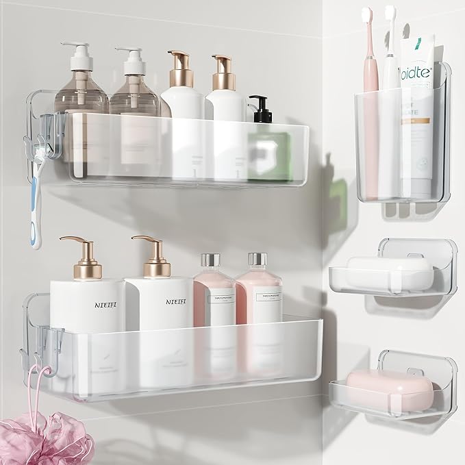 Nieifi Adhesive Shower Shelves, Clear, 5 Pieces | Rustproof ABS, Large Capacity, Removable Design, Easy-Clean, No Drilling Shower Organizer for Bathroom Storage & Home Decor