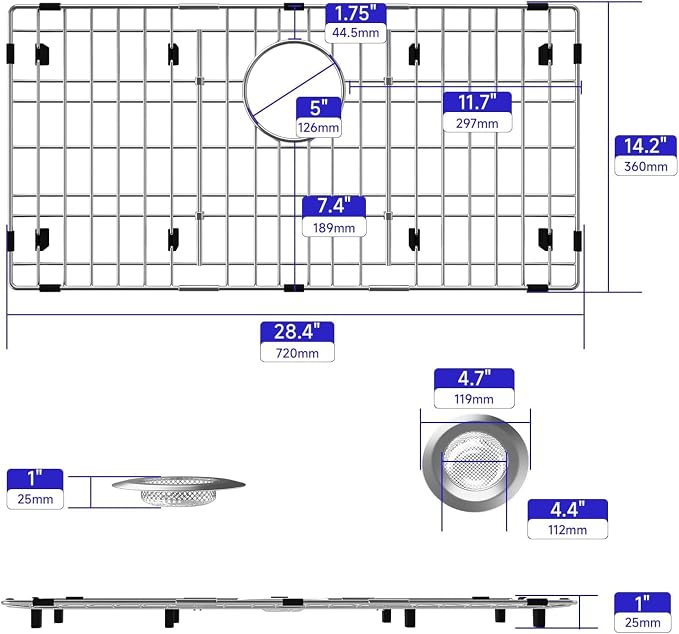 Slideep Sink Bottom Grid, Stainless Steel Sink Protector 28.4"L X 14.2"W Rear Drain Hole, Sink Grate Rack for Bottom of Kitchen Sink Single Bowl with Sink Strainer