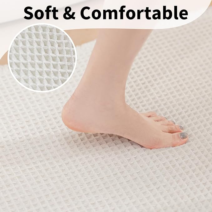 Long White Bathroom Rug, Waffle Bath Mat Runner Non Slip, 24 x 60 | Super Absorbent, Quick Dry Bath Runner, Soft Washable Waffle Weave, Boho Farmhouse Decor in White for Sink or Tub