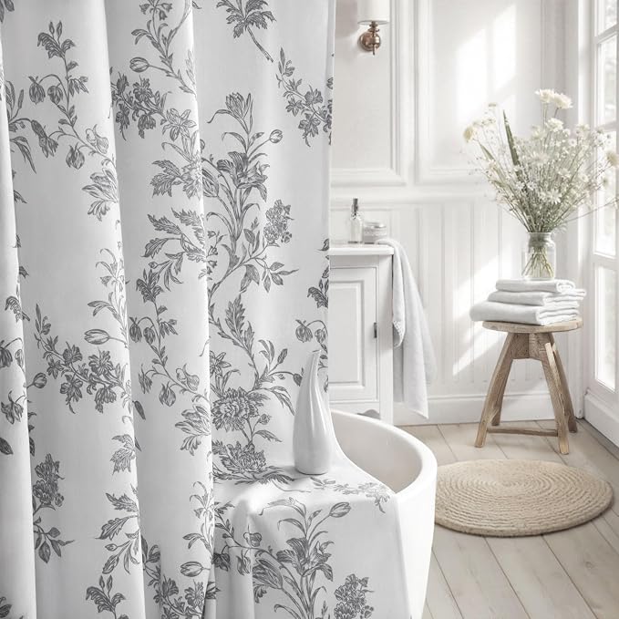 Grey Floral Shower Curtain,Vintage Cotton Cottagecore Gray Shower Curtains for Bathroom, 72" W x 72" L