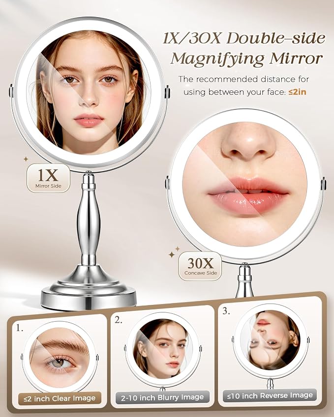 30X/1X Magnifying Mirror with Lights, Rechargeable Lighted Makeup Mirror | Chome, 5000mAh Battery, 3 Color Dimmable Lights, 8in, Side Touch Control, Side Charging, 360° Rotation, Extendable Arm