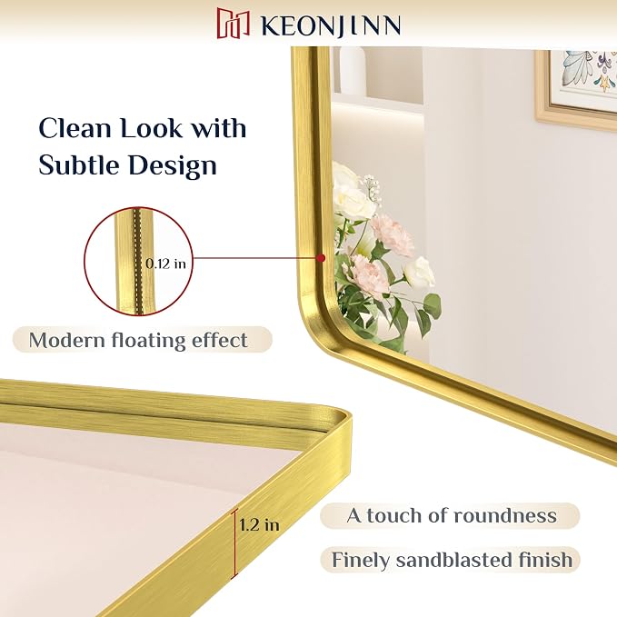 Keonjinn 30 x 36 Inch Brushed Gold Bathroom Vanity Mirror, Aluminum Frame | HD Tempered Glass, Brass Bathroom Mirrors for over Sink, Anti-Rust Aluminum Frame, Rounded Rectangle, French Cleat Mount