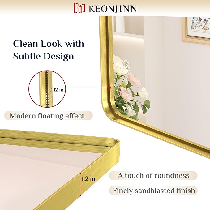 Keonjinn 24 x 32 Inch Brushed Gold Bathroom Vanity Mirror, Tempered Glass | Brass Bathroom Mirrors for over Sink, Anti-Rust Aluminum Frame, Rounded Rectangle, French Cleat Mount, Clear Reflection