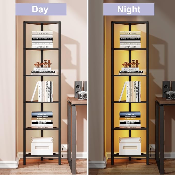 TUTOTAK Corner Shelf with LED Light, 6-Tier Corner Bookshelf | for Small Space, Narrow Display Corner Shelf Stand with Storage Rack, for Living Room, Bedroom, Black BS05BK006L