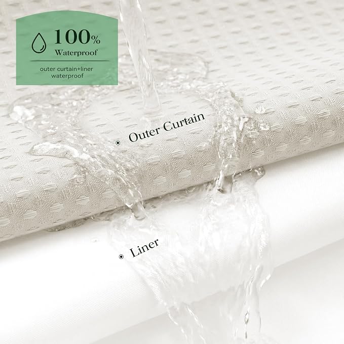 Ivory Hook Free Waffle Shower Curtain & Snap-in Fabric Liner,72x75 | Less Time to install, 3 in 1 Fabric Shower Curtain and Liner Set with Magnets, Mesh Top Window, Shower Curtains for Bathroom