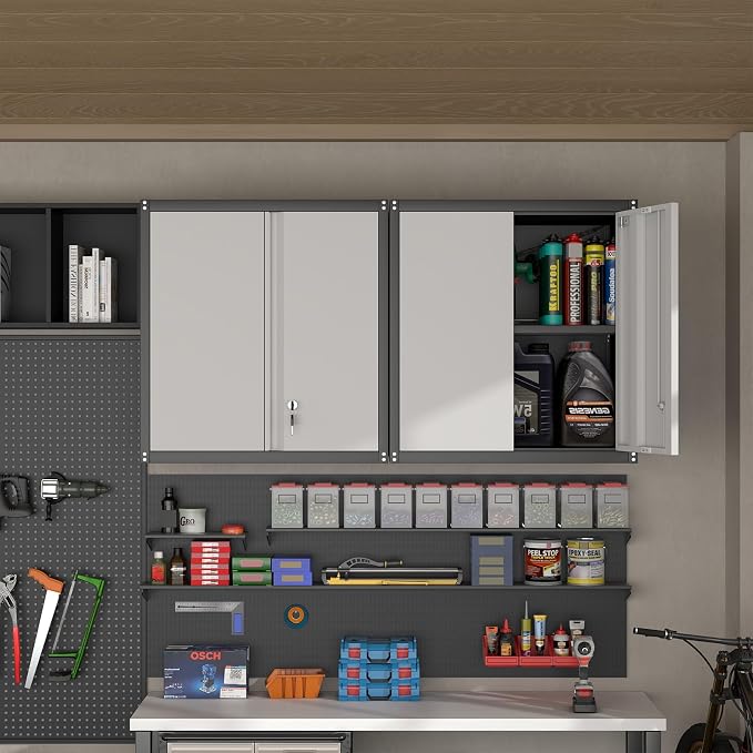 Locking Cabinet,Hanging Cabinets for Wall,Garage Storage Cabinets with Lock,Metal Wall Cabinets for Garage,Warehouse,Caravans,Grey-Black