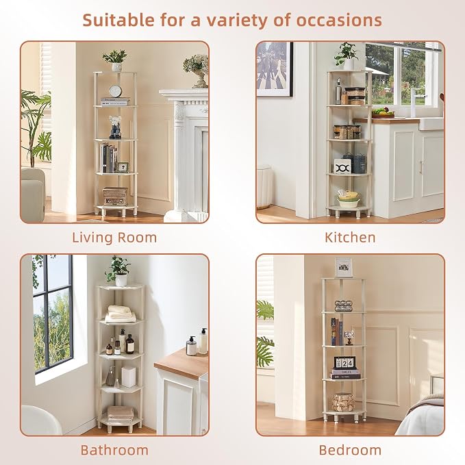 YUFAM 5-Tier Corner Shelf, Grey White | Wooden Corner Bookshelf for Small Spaces, Corner Standing Shelf with Sturdy 5-Leg Base