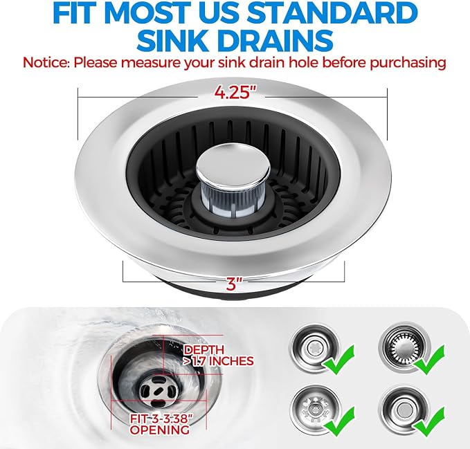 3 in 1 Kitchen Sink Drain Strainer Stopper Removable Basket Pop-Up | Kitchen Sink Accessories 2 Pack Black Stainless - Food Catcher, Odor-Blocking Seal, Fits 3.5" Drain, Easy Clean