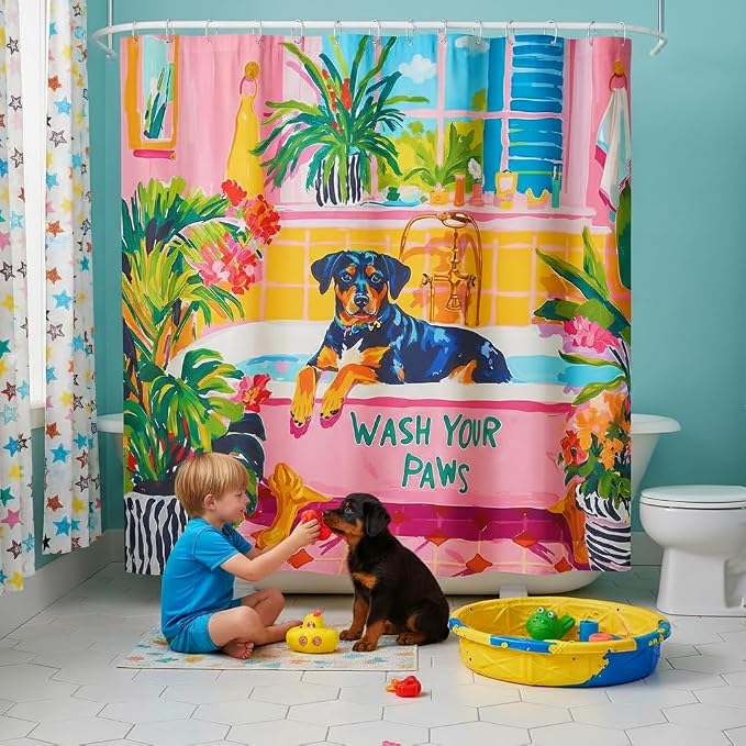 Accnicc Funny Dog Shower Curtain Boho Cute Rottweiler Shower Curtains for Bathroom Green Tropical Plants Pink Bathtub Matisse Decorative Unique Waterproof Fabric Bath Curtain Decor 72 X 72 Inches