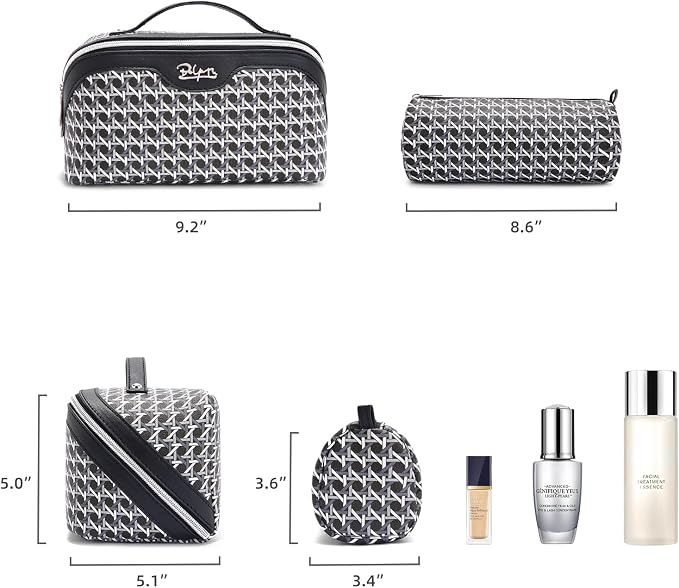 BOYATU Travel Makeup Bag Cosmetic Bags for Women: 3 Pcs Set Make up Bag | Large Capacity Waterproof Vegan Leather Organizer Bags with Compartments - Lay flat Toiletry with Handle (M-76Black)