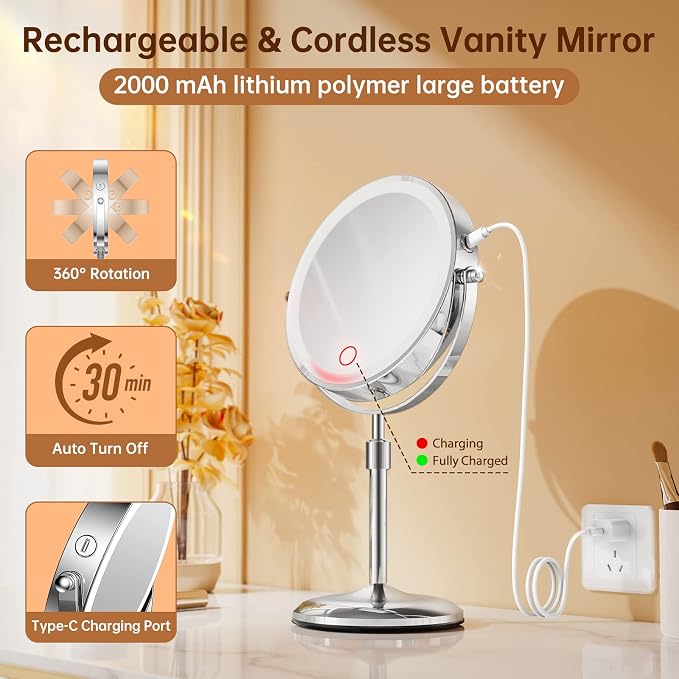Gospire 7" Lighted Makeup Mirror, 1X/10X Magnification, Height Adjustable | 3 Color Dimmable Lights, 360° Swivel, Double Sided, Rechargeable LED Cosmetic Vanity Mirror, Cordless Standing Mirrors