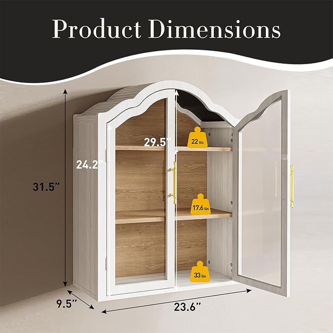 Arched Bathroom Wall Cabinet with Glass Doors, 31.5×23.6" Wall Mounted Display Cabinet with Adjustable Shelves, Hanging Storage Cabinet for Kitchen, Living Room