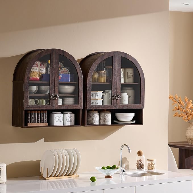 IFGET Bathroom Arched Wall Cabinet, 23.6'' Wide Medicine Cabinet with Adjustable Shelves & Glass Doors, Over The Toilet Storage Wall Mount Cabinet for Laundry Room, Kitchen & Living Room, Dark Walnut
