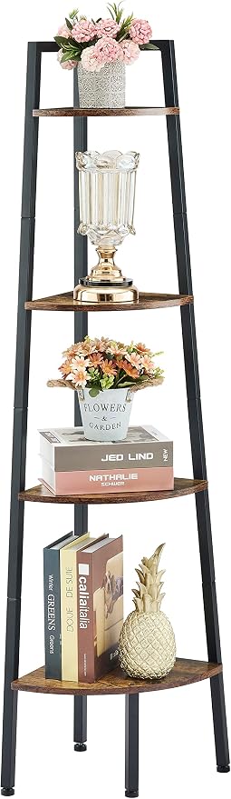 Hoctieon Corner Shelf, 4-Tier Corner Bookshelf, Rustic Ladder Shelf, Industrial Display Stand for Living Room, Kitchen, Home Office, Balcony, Small Space, Metal Frame, Rustic Brown