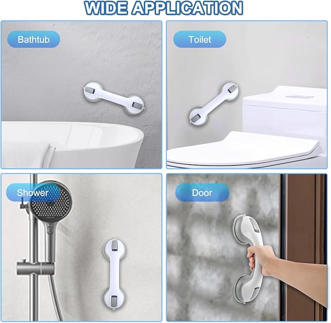 Grab Bars for Shower, 12 Inch Shower Handle for Seniors, 2 Pack Gray White | Strong Suction Cup, for Elderly, Handicap, Bathroom Wall, No Drill, Waterproof, Anti-Slip, Removable