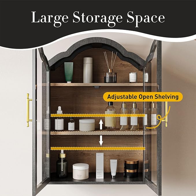 Arched Wall Cabinet Above Toilet Cabinet Set of 2, 31.5×23.6 Inch Wall Mounted Cabinets with Tempered Glass Doors & Adjustable Shelves for Laundry Room, Kitchen, Bathroom (2PCS, Black)