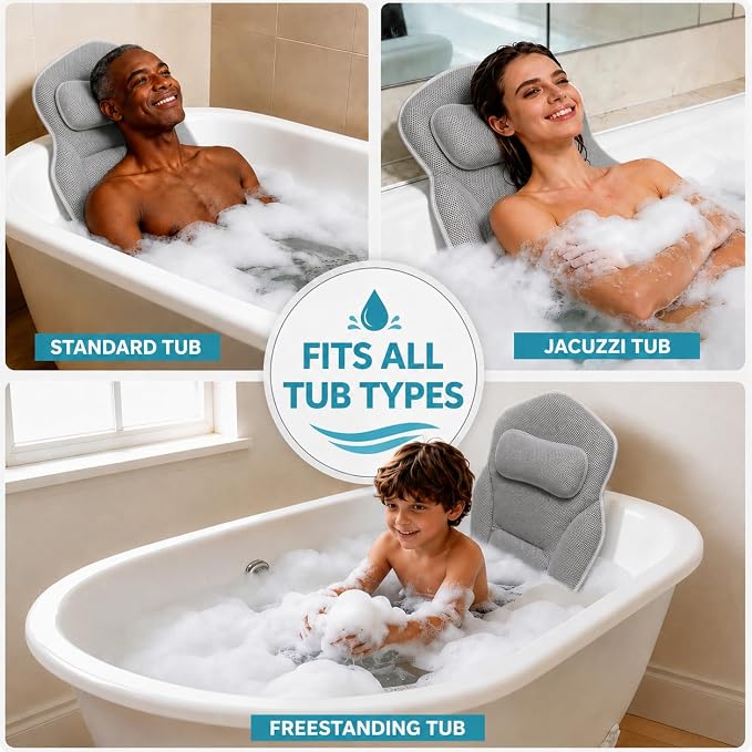 Full Body Bathtub Pillow with Lumbar Support, 5D Air Mesh Bathtub Cushion for Soaking Tub, 168 Suction Cups Full Bath Pillow for Post-Yoga Spa, Deep Relaxation & Romantic Baths Grey Big