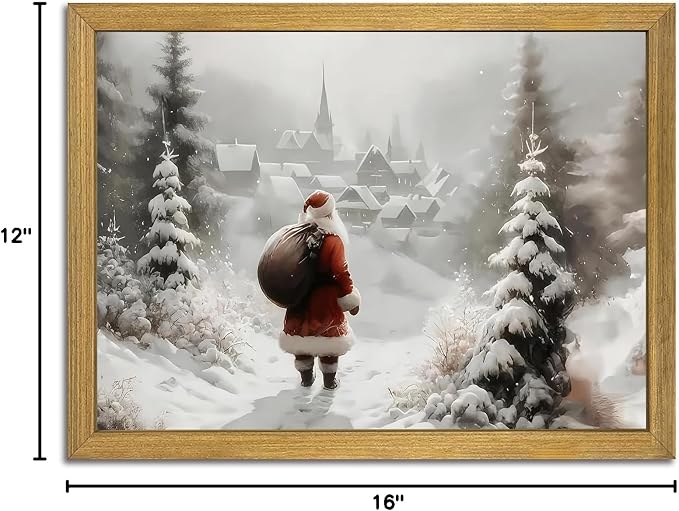 Vintage Christmas Canvas Wall Art, Wood Framed Santa Claus Wall Decor Painting, Rustic Farmhouse Winter Snow Scene Poster Print Picture 12x16 inch, Best Holiday Decor for Living Room Bedroom Home