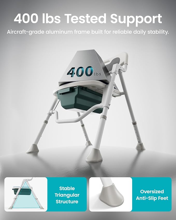 3-in-1 Folding Bedside Commode Toilet, Potty Chair for Adults & Seniors | arms and backrest add support; adjustable height improves fit; removable bucket eases overnight care, Gray, FSA/HSA Eligible;