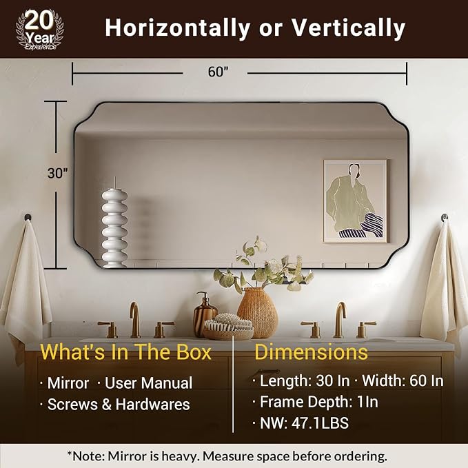 30x60 Black Vanity Mirror for Over Sink Bathroom | Moisture Resistant SUS304 Frame, Rounded Notched Corner, Vertically or Horizontally, Ideal Large Mirror over Bathroom Sink