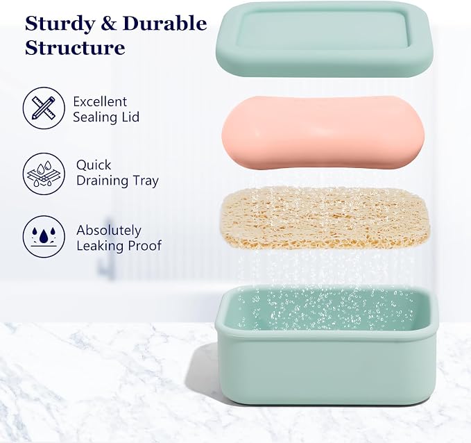HighHerz Leak Proof Silicone Travel Soap Case with Draining Tray - Bar Soap Holder for Travel, Gym & Camping - Mess-Free Portable Soap Container for Carry-on Bags (Mint Green)