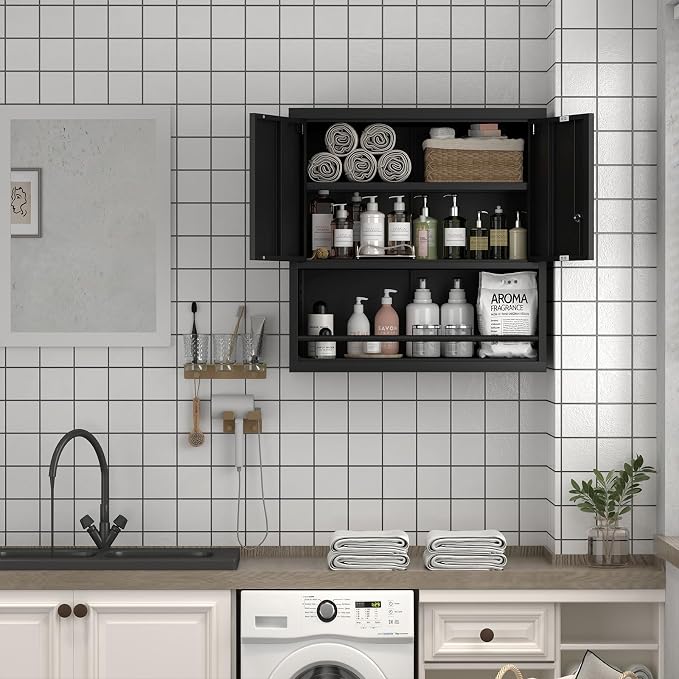 Metal Cabinet,Lockable Storage Cabinet with Doors,Metal Garage Wall Cabinet with Adjustable Shelf,Locking Cabinet for Home Office,Garage,Shop,Black
