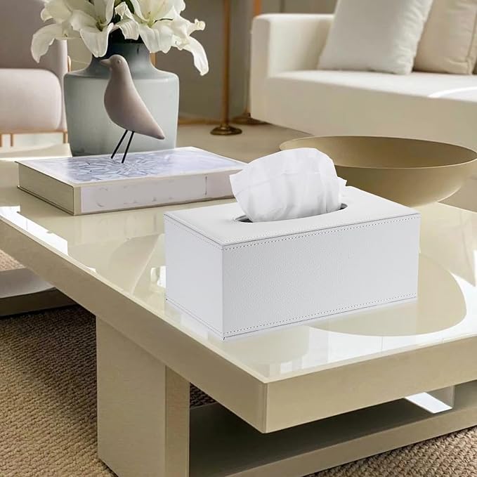 Sumnacon Tissue Box Cover Rectangle,Magnetic Bottom Tissue Box Holder,White | Decorative PU Tissue Box Cover Rectangular,Lychee Pattern Tissue Cover for Bathroom Toilet Bedroom Living Room Table Office