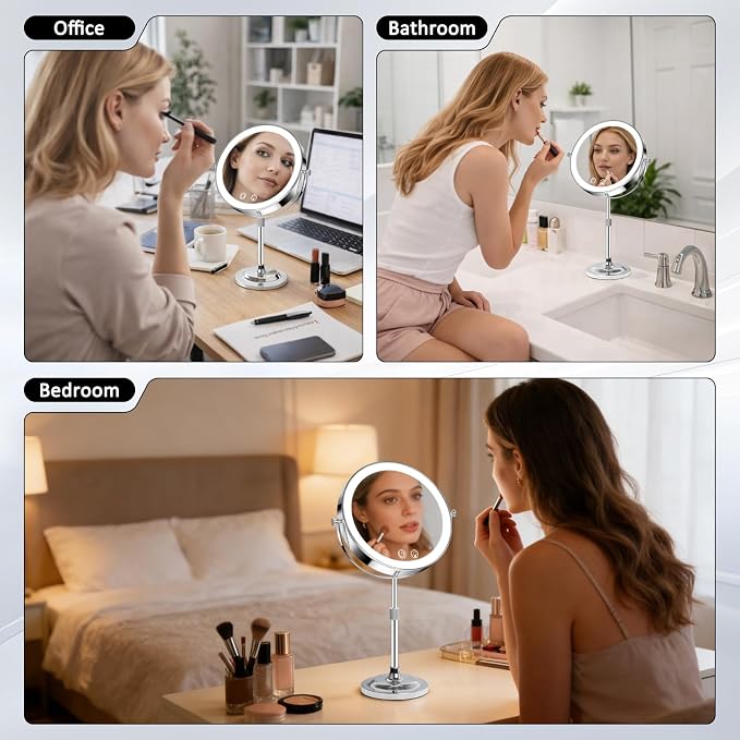 8" Makeup Mirror with Lights,4000mAh Rechargeable Vanity Mirror,1X/10X Double Sided Magnifying Mirror with Adjustable Height, 3 Colors Stepless Dimming Lighted Makeup Mirror,Women Gift