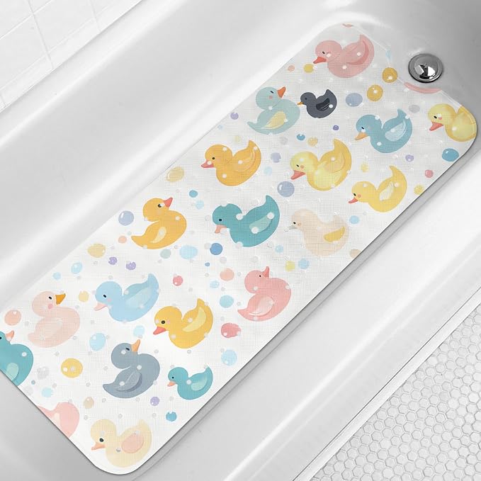 LNOND Bath Mat for Tub for Kids, Toddler Bathtub mat Non Slip, Colourful Cartoon Duck Kids Bath Mats for Bathroom Non Slip with Drain Holes and Suction Cups,Machine Washable (40 X 16 Inch)