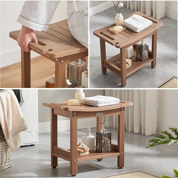 Poly Shower Stool for Inside Shower Waterproof, Shower Bench for Shaving Legs, Heavy Duty Plastic Bathroom Chair Seat with Handles & Adjustable Feet, Foot Rest, No Maintenance, Brown