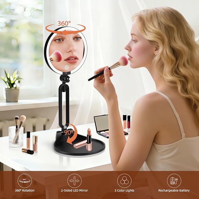 30X/1X Makeup Magnifying Mirror with Lights, 6inch Double-Sided LED Mirror | 1X/30X Makeup Magnified Mirror, Desktop 30X Magnification Rechargeable 3 Color Dimmable Light, 360° Adjustable Rotation Angle