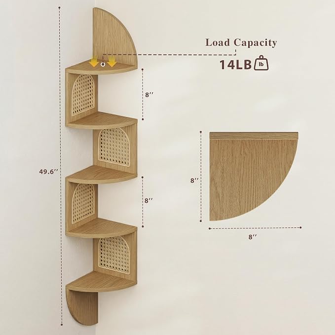 5-Tier Floating Corner Shelves for Wall, Zigzag Corner Shelf Unit, PVC Rattan Sides, Space-Saving, for Kitchen, Living Room, Bedroom, Boho Style, Oak Beige
