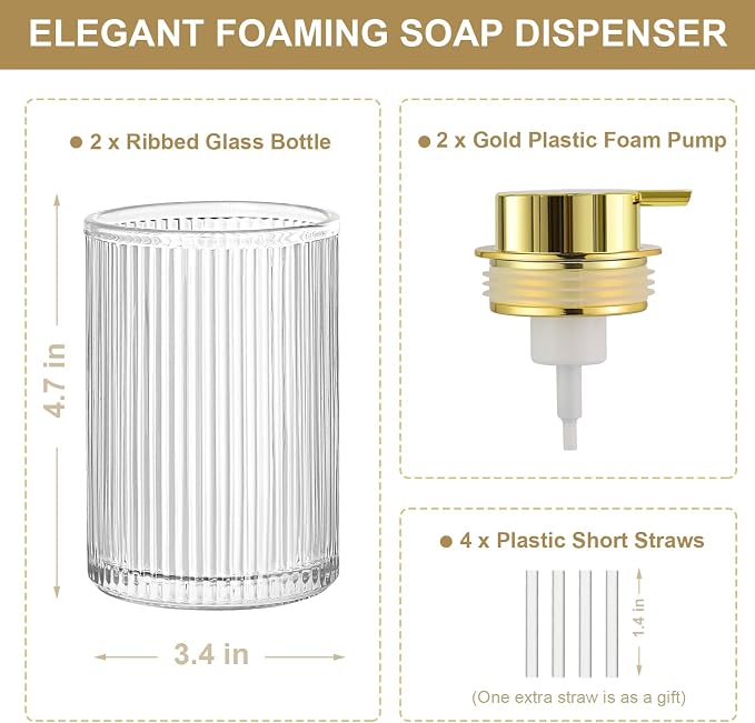 KASUNTING Foaming Soap Dispenser, 2 Pack Clear Glass Foam Hand Soap Dispenser for Bathroom & Kitchen, Refillable Foaming Pump Bottle with Gold Pump, Modern Ribbed Dish Soap Foam Dispenser with 4 Straw