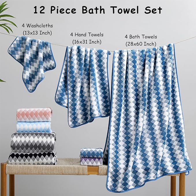 12 Pcs Navy White Diamond Towel Set-4 Bath Towels,4 Hand Towels,4 Washcloths Soft Polyester Towels with Loop Absorbent Shower Towel Quick Dry Beach Chair Towel Family Towels for Bathroom Spa Gym Pool
