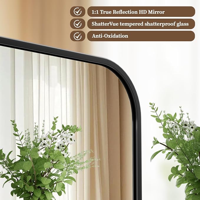 BEAUTYPEAK 39" x 39" Rectangular Wall Mounted Bathroom Mirror, Black | Aluminum Alloy Frame with Rounded Corners