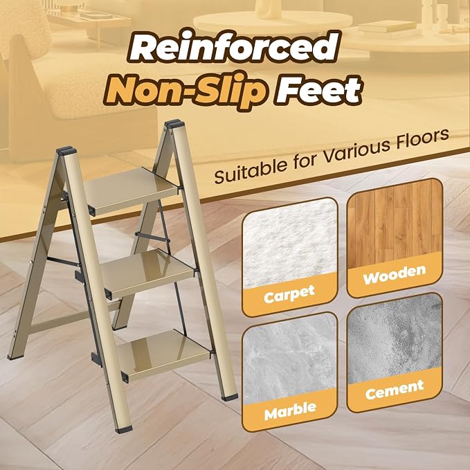 HBTower 3 Step Ladder, Lightweight Aluminum Folding Step Stool | Anti-Slip Wide Pedal, 330lbs Capacity Step Ladder for Household Kitchen Office, Gold