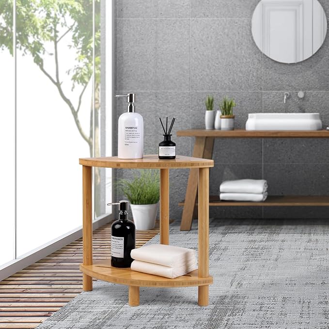Bamboo Shower Stool for Inside Shower 2-Tier,Corner Shower Bench | Waterproof,Shower Foot Rest with Storage,Space-Saving,Bath Stool For Shaving Leg,Shower Shelves,Shower Caddy,Easy to Assemble