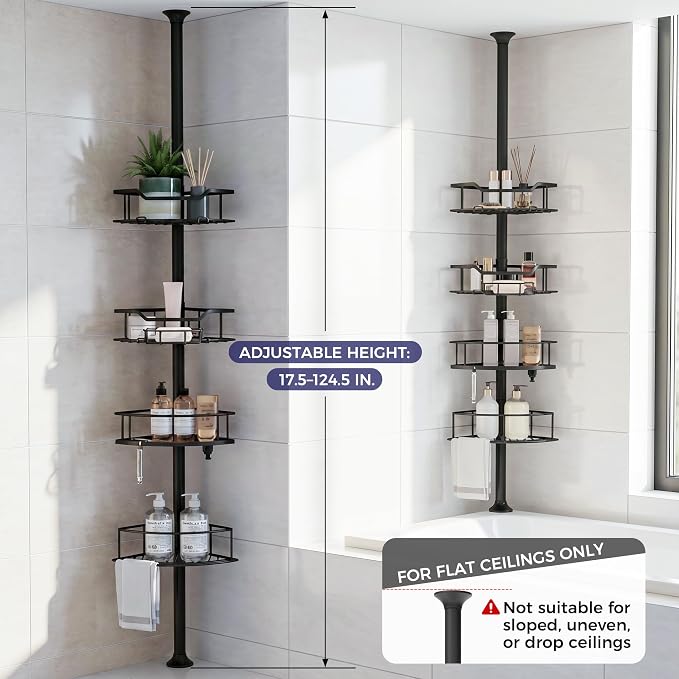 Corner Shower Caddy Tension Pole, 4-Tier Fan-Shaped Adjustable Rustproof Bathroom Organizer Shelves, 47"-125'', No-Drill Quick Installation for Inside Shower, Bathtub, Black (BLACK)