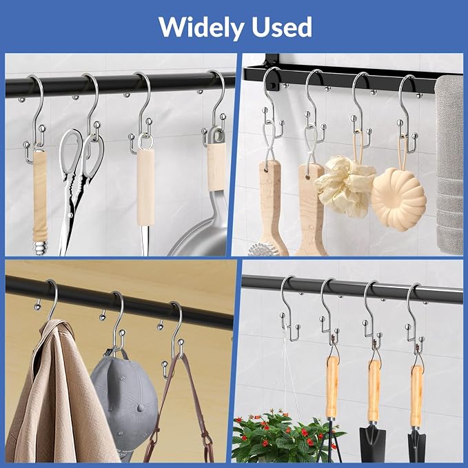 Shower Curtain Hooks, Silver Shower Curtain Hooks Rust Proof, Anti-drop Metal Shower Curtain Rings Hooks, Double Shower Hooks for Shower Curtain, Shower Rings for Curtain & Liner, Silver-12 Pcs