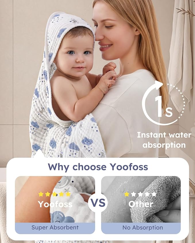 Yoofoss Hooded Baby Towels for Newborn 2 Pack 100% Muslin Organic Cotton Baby Bath Towel with Hood for Babies, Infant, Toddler and Kids, 32x32Inch, Soft and Absorbent Newborn Essential, Blue Clouds