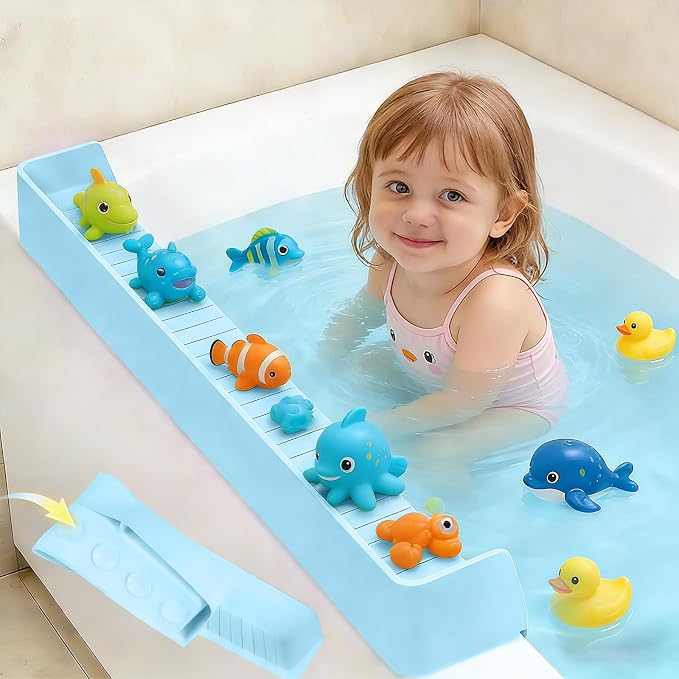Kids Bathtub Splash Guard, Shelf & Toddler Bath Toy Tray -Blue | Bathtub Splash Guard PlayPad Shelf Area with Strong Suction Cups, Bathtub Ledge Guard, Fun Bath Time for Toddlers Baby