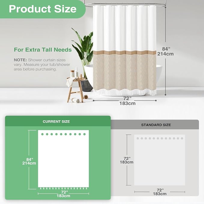 Extra Long Shower Curtains, 84 Inches Long Farmhouse Boho Striped Fabric Tassel Shower Curtains for Bathroom, Tall Bohemian Textured Cloth Shower Curtain Set with Hooks, Beige, 72x84
